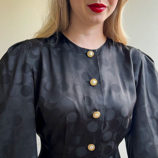 Glamorous 1980s Black Satin Dress With Pearl Buttons (M)