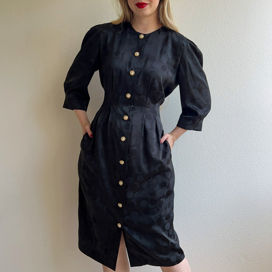 Glamorous 1980s Black Satin Dress With Pearl Buttons (M)