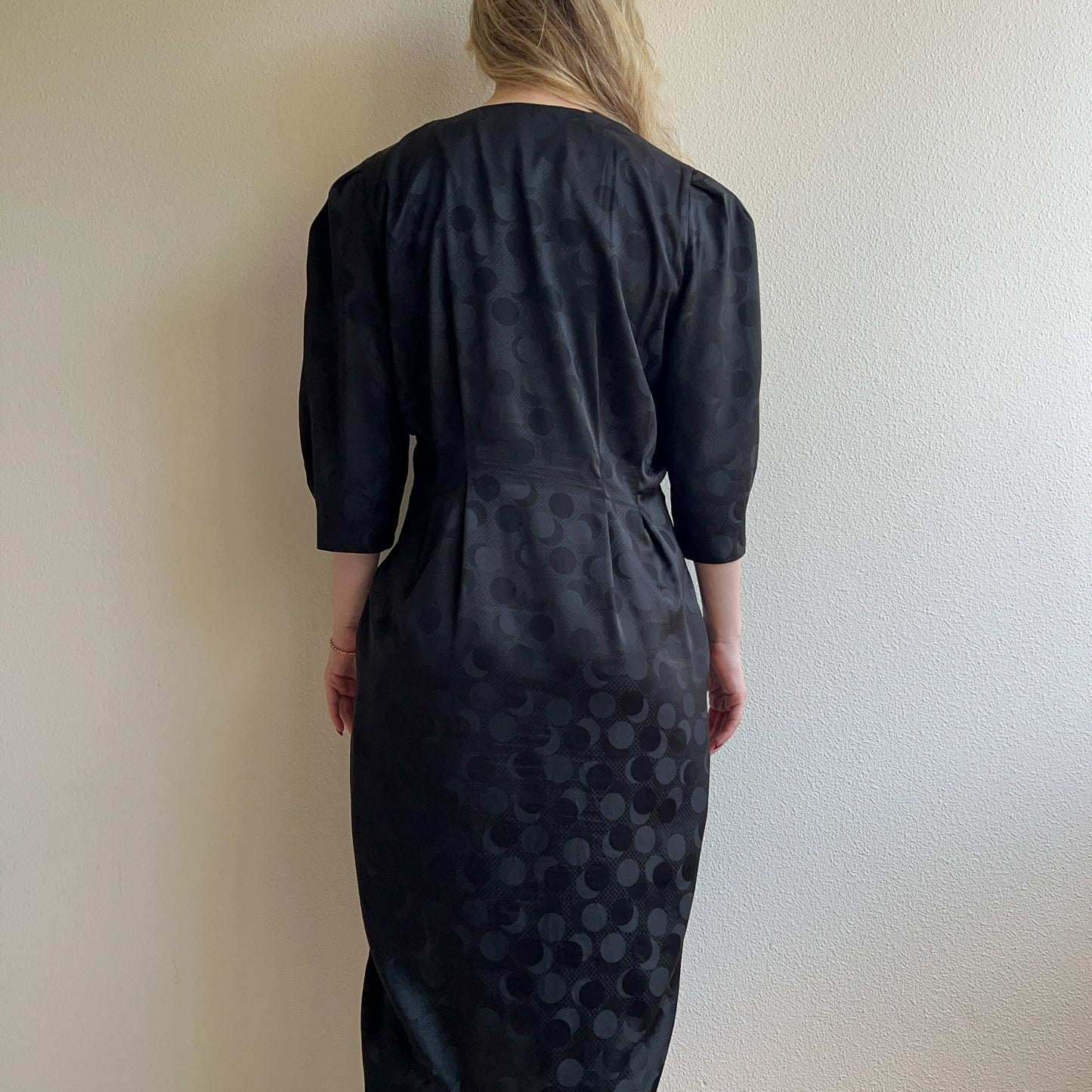 Glamorous 1980s Black Satin Dress With Pearl Buttons (M)