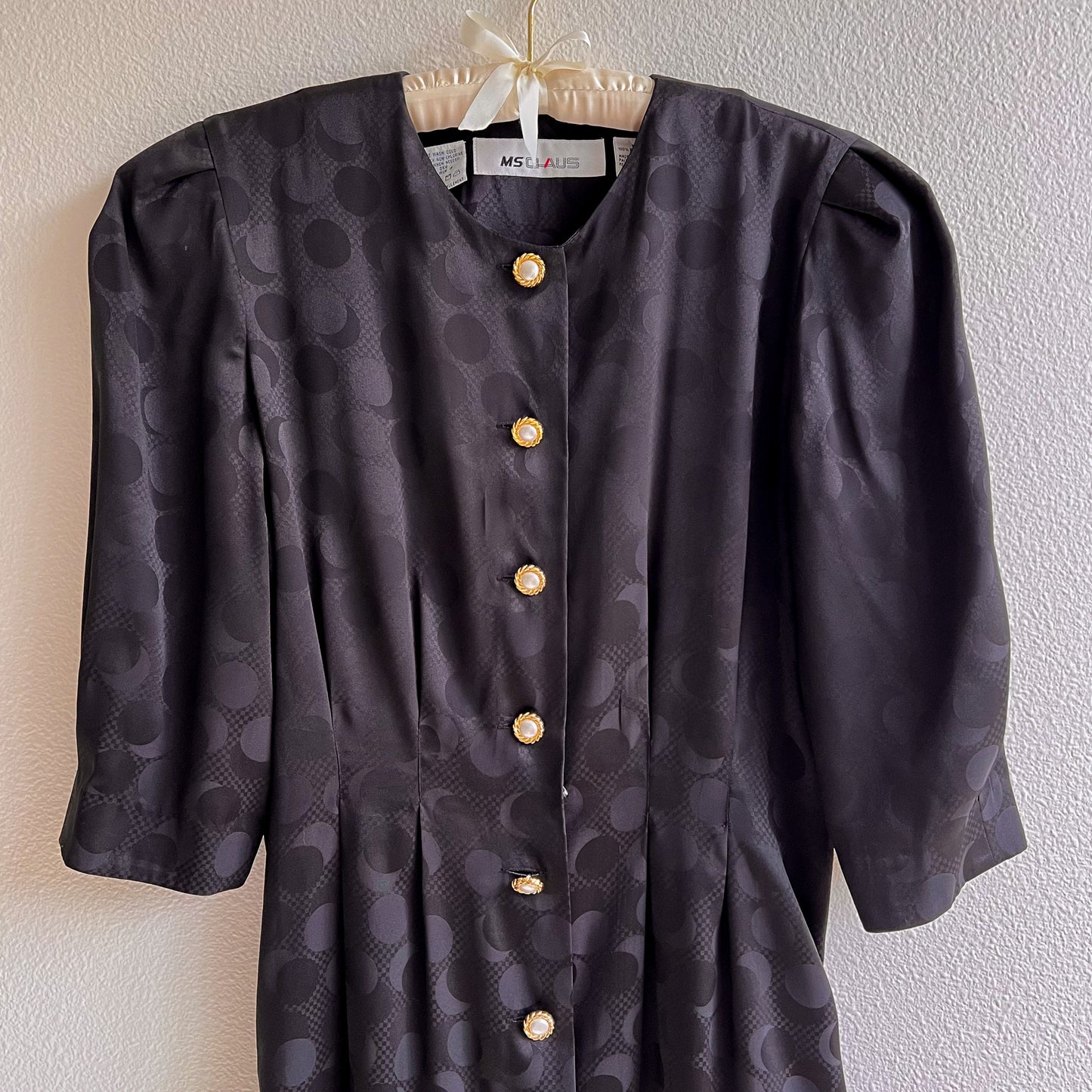 Glamorous 1980s Black Satin Dress With Pearl Buttons (M)