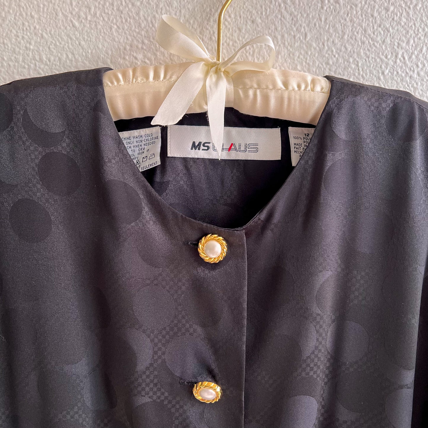 Glamorous 1980s Black Satin Dress With Pearl Buttons (M)