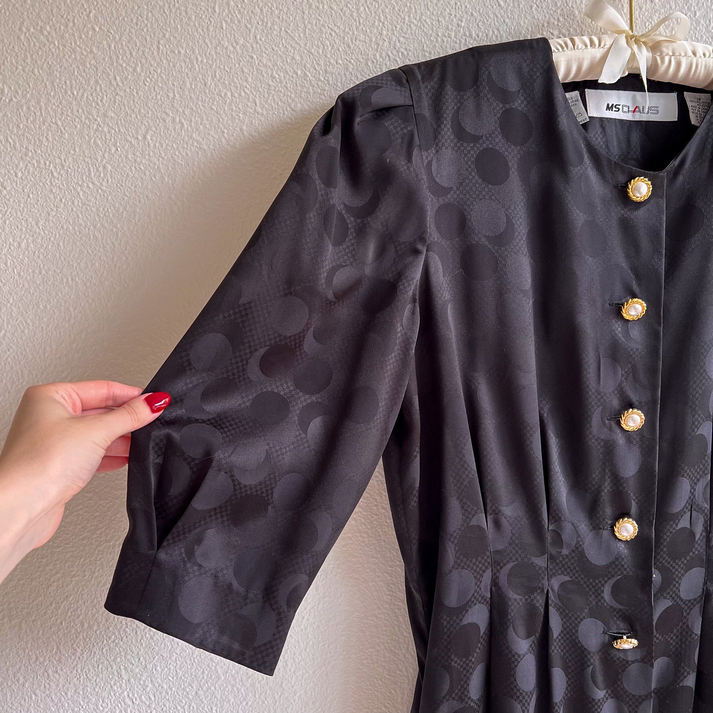 Glamorous 1980s Black Satin Dress With Pearl Buttons (M)