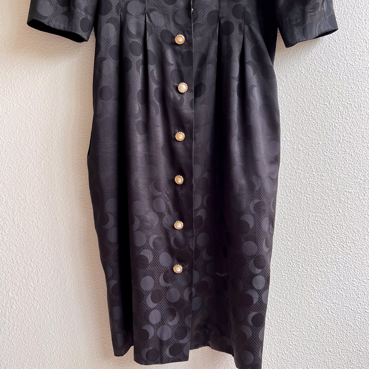 Glamorous 1980s Black Satin Dress With Pearl Buttons (M)