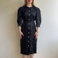 Glamorous 1980s Black Satin Dress With Pearl Buttons (M)