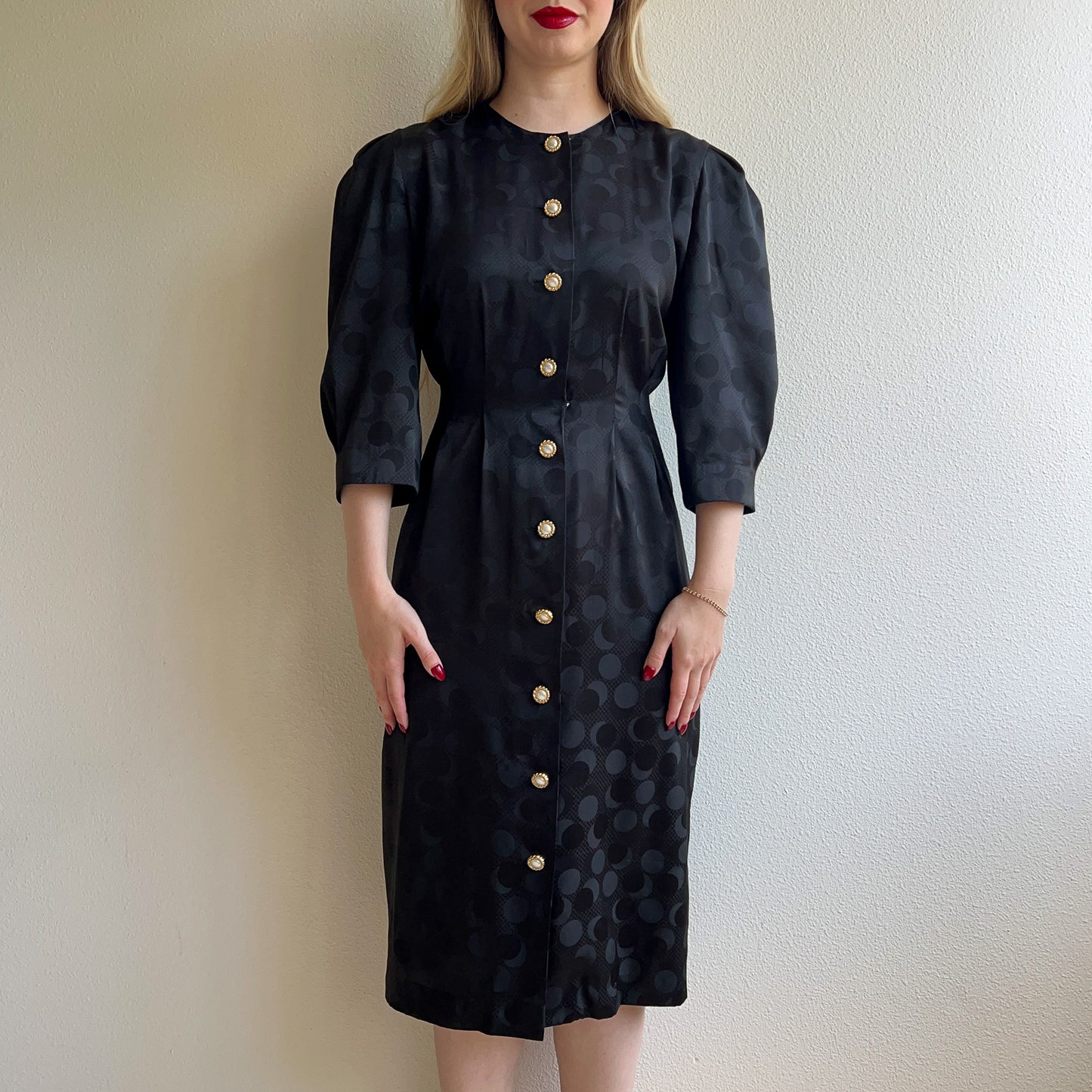 Glamorous 1980s Black Satin Dress With Pearl Buttons (M)