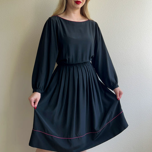 1980s Black Silk Dress With Pink Trim (M/L)