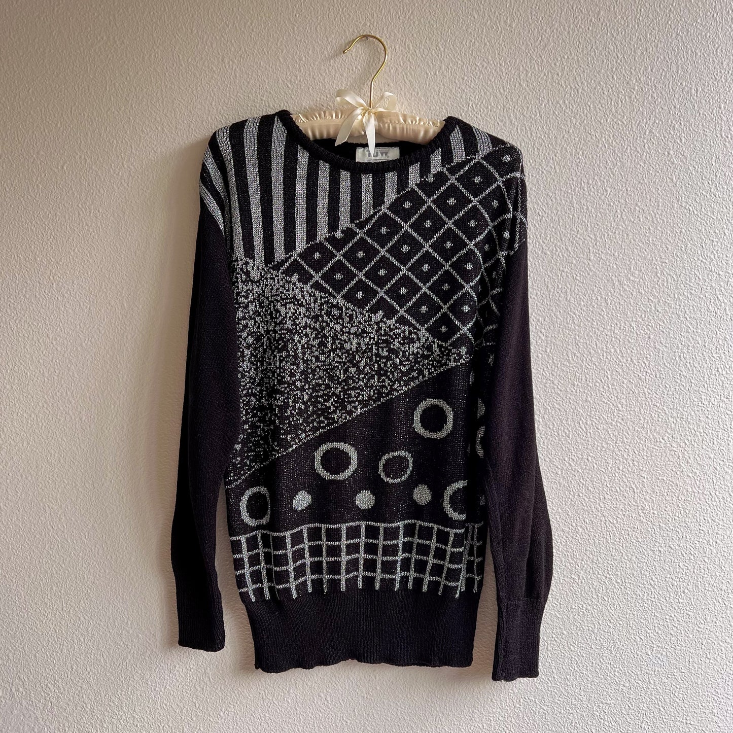 1980s Black Long Sleeve Sweater With Silver Design (S/M)