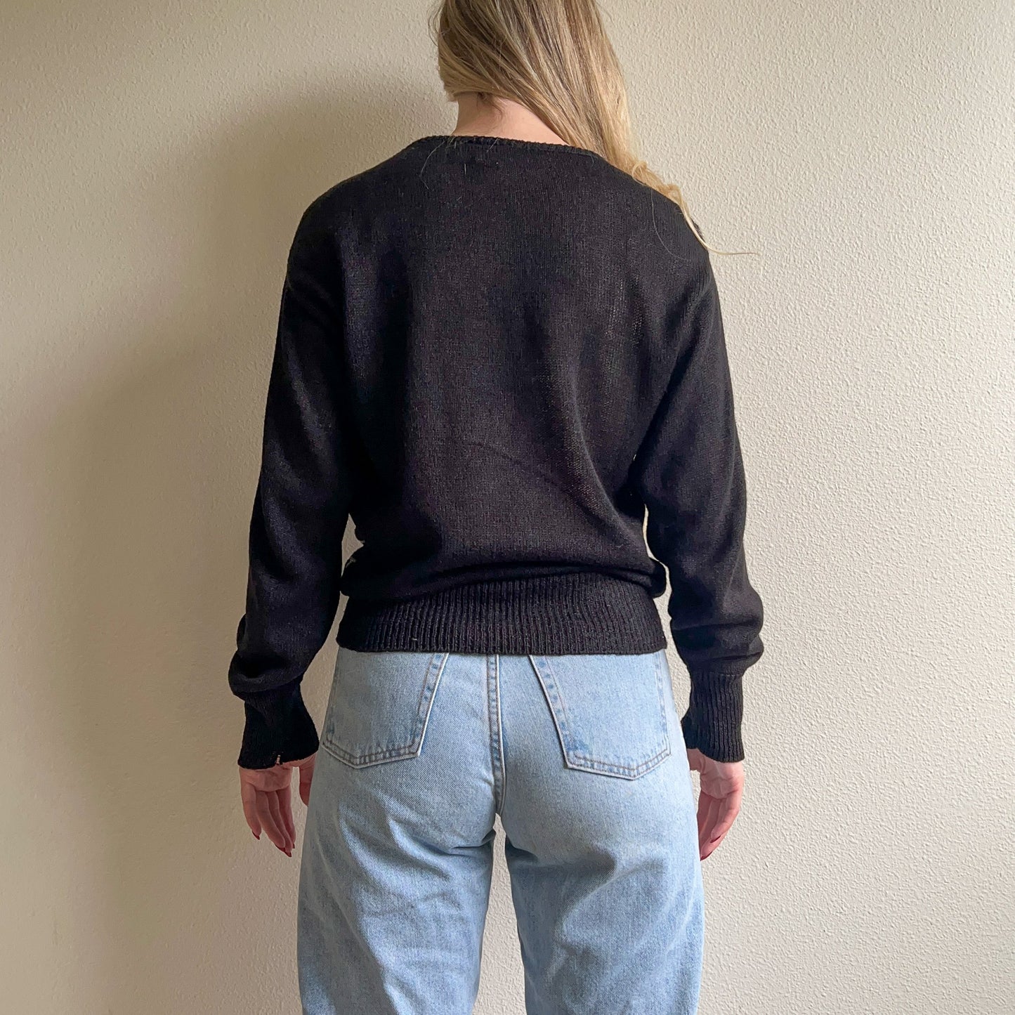 1980s Black Long Sleeve Sweater With Silver Design (S/M)