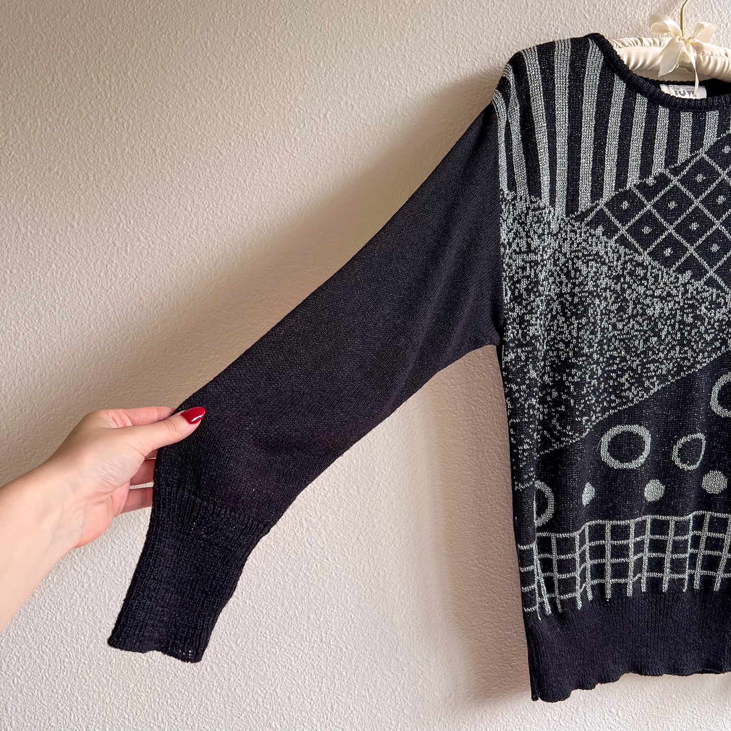 1980s Black Long Sleeve Sweater With Silver Design (S/M)