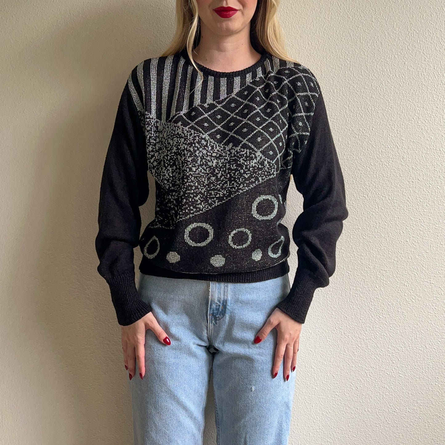 1980s Black Long Sleeve Sweater With Silver Design (S/M)