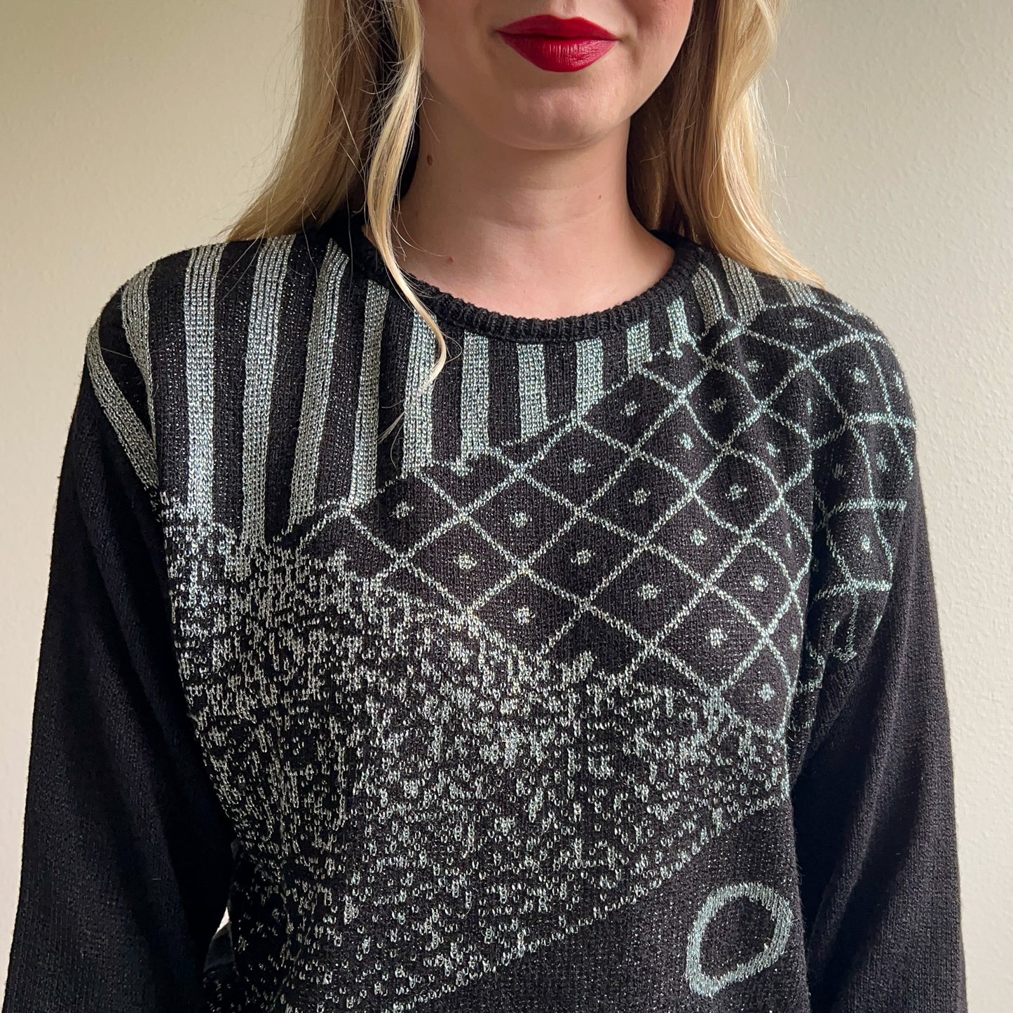 1980s Black Long Sleeve Sweater With Silver Design (S/M)