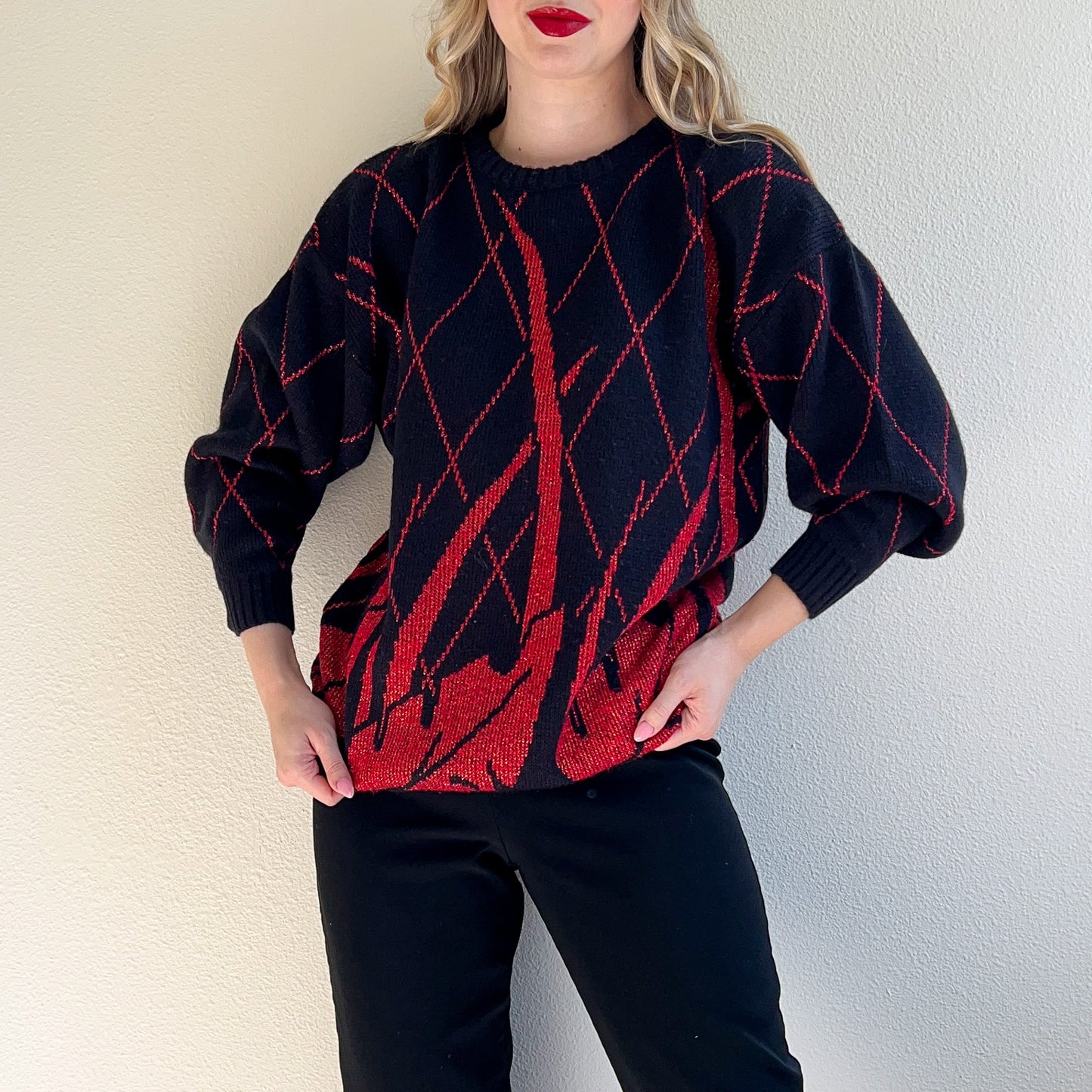 1980s Black Sweater With Metallic Red Pattern (L/XL)