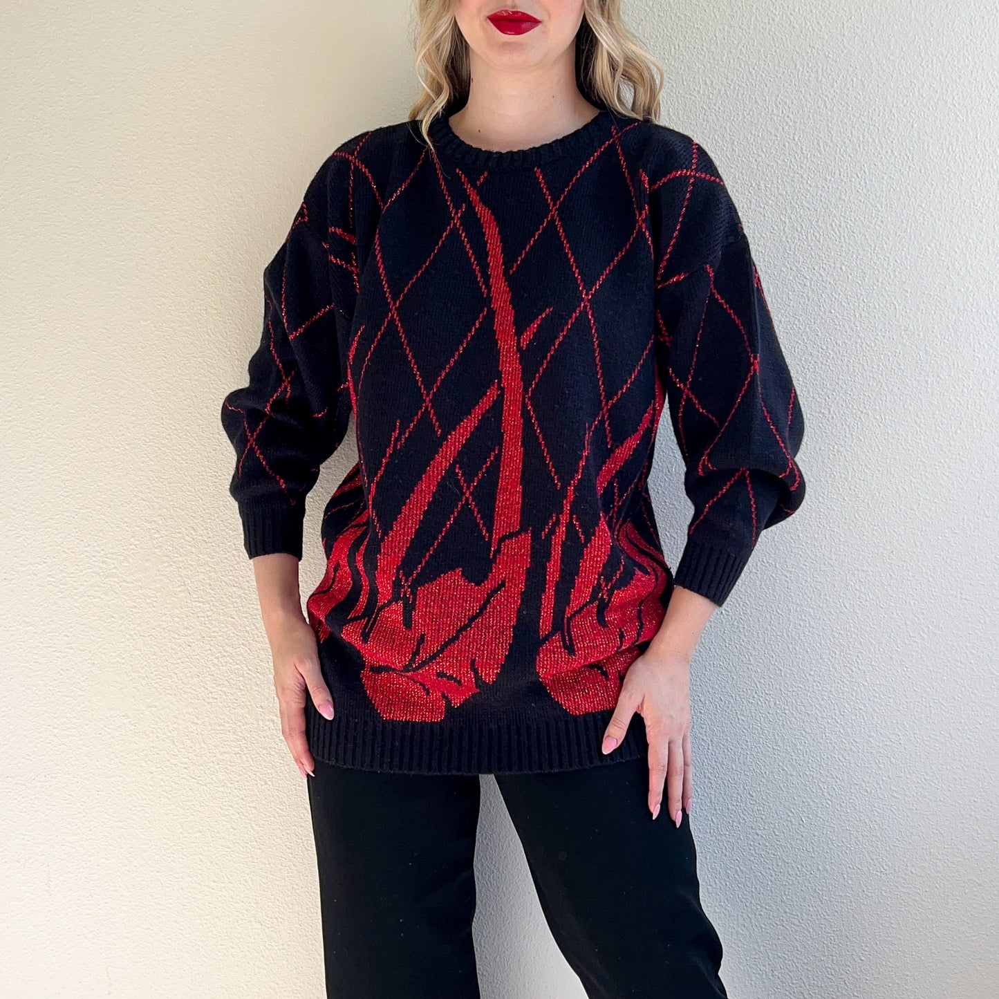 1980s Black Sweater With Metallic Red Pattern (L/XL)
