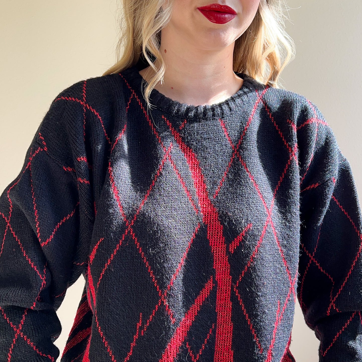 1980s Black Sweater With Metallic Red Pattern (L/XL)