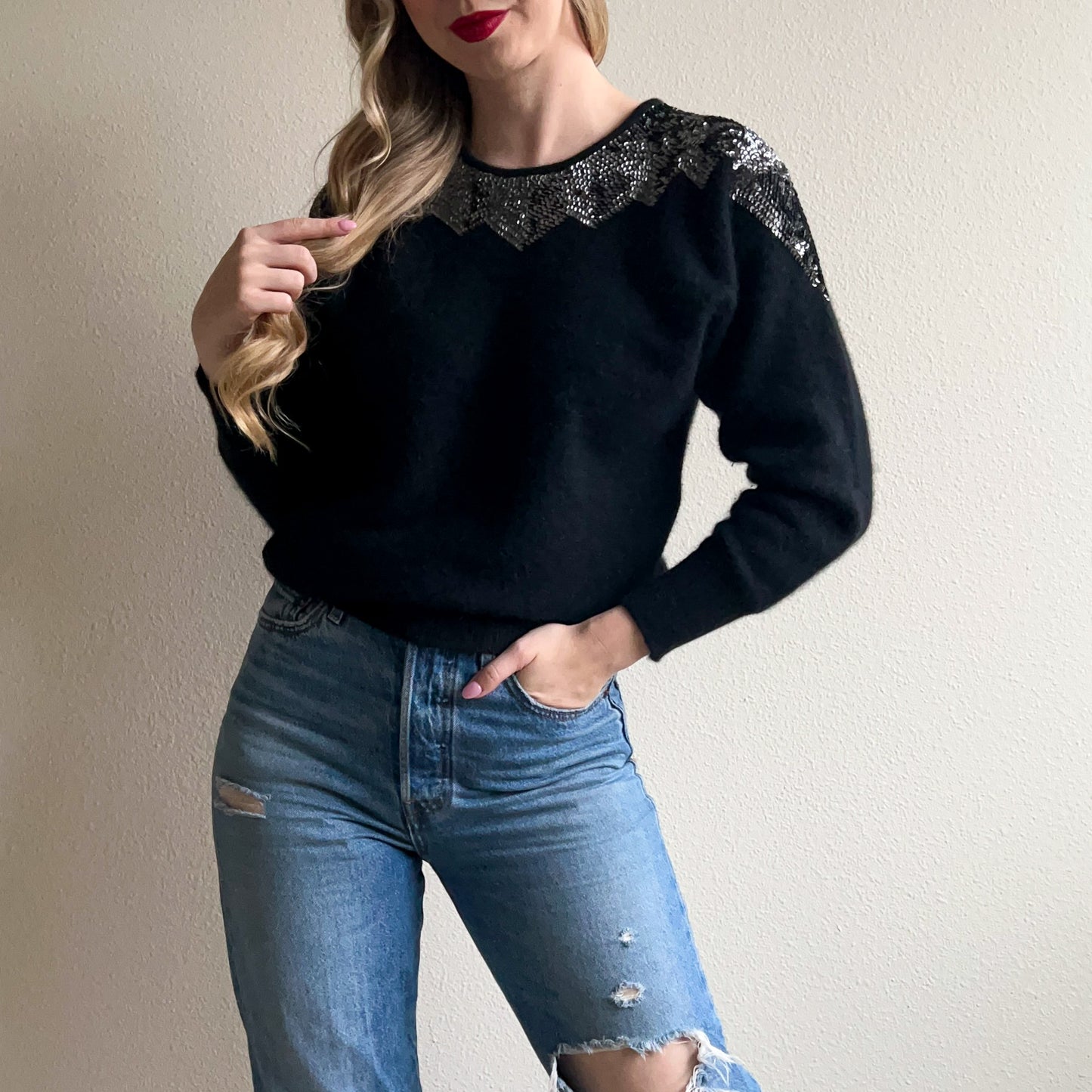 1980s Black Sweater With Silver Sequins (S/M)