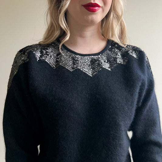1980s Black Sweater With Silver Sequins (S/M)