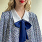 1980s Blue Abstract Print Dress With White Collar (L/XL)
