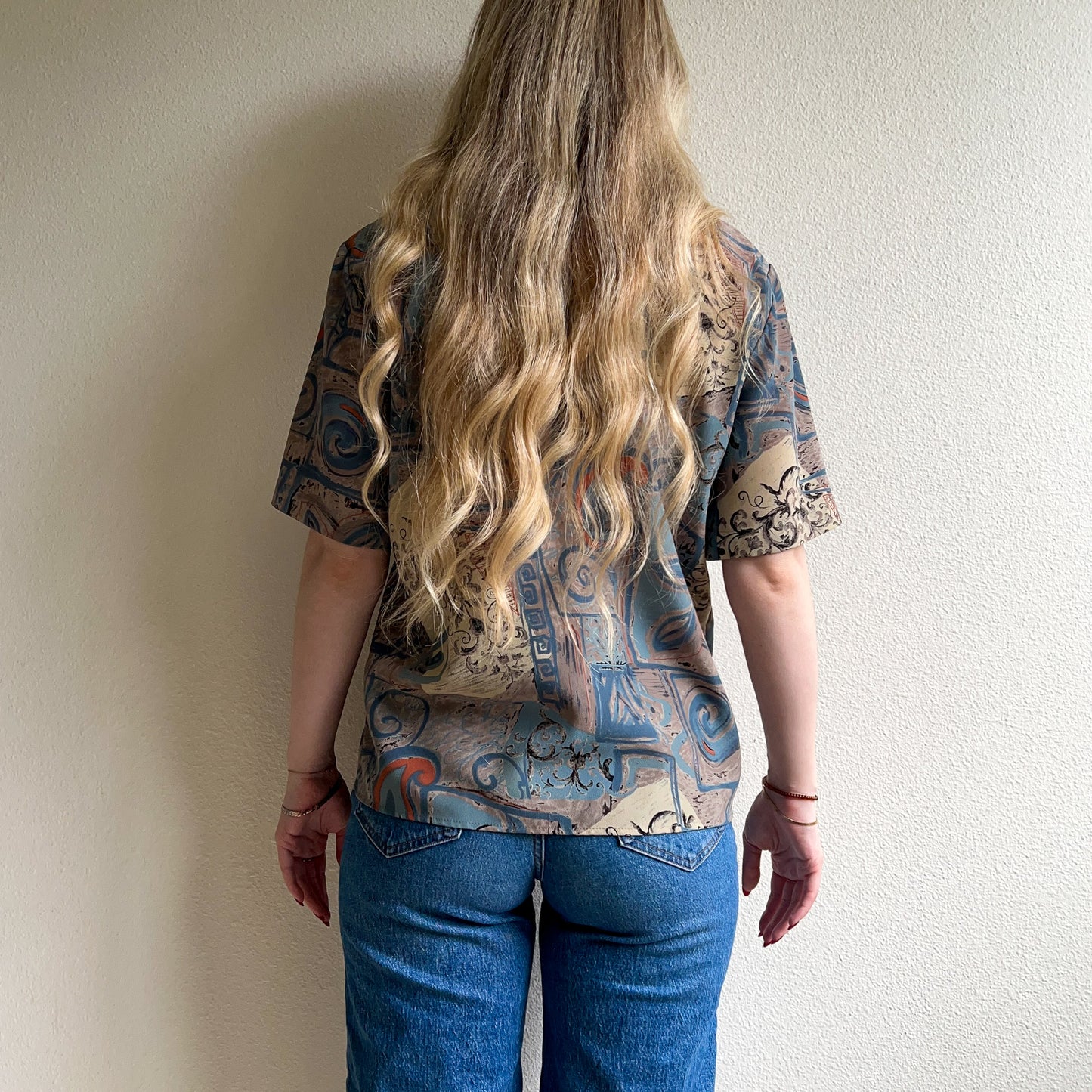 1980s Muted Blue Abstract Print Top (M/L)