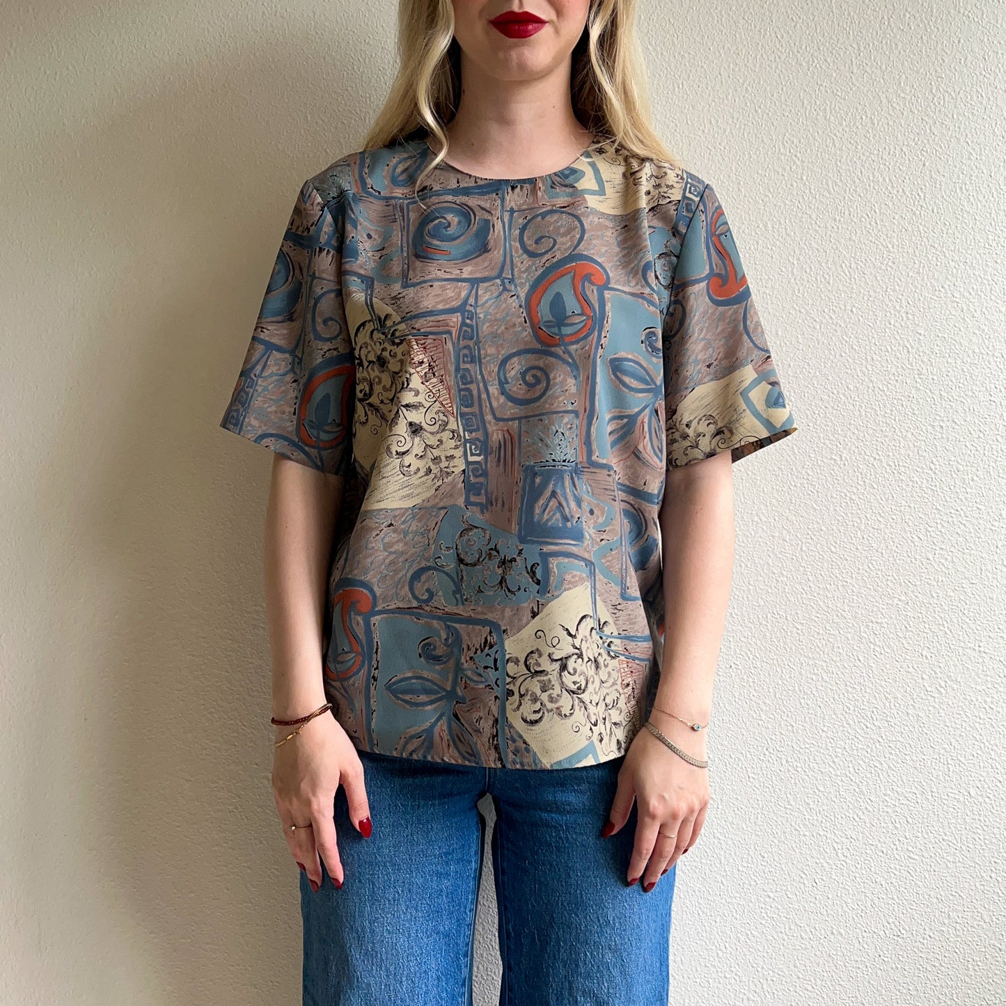 1980s Muted Blue Abstract Print Top (M/L)