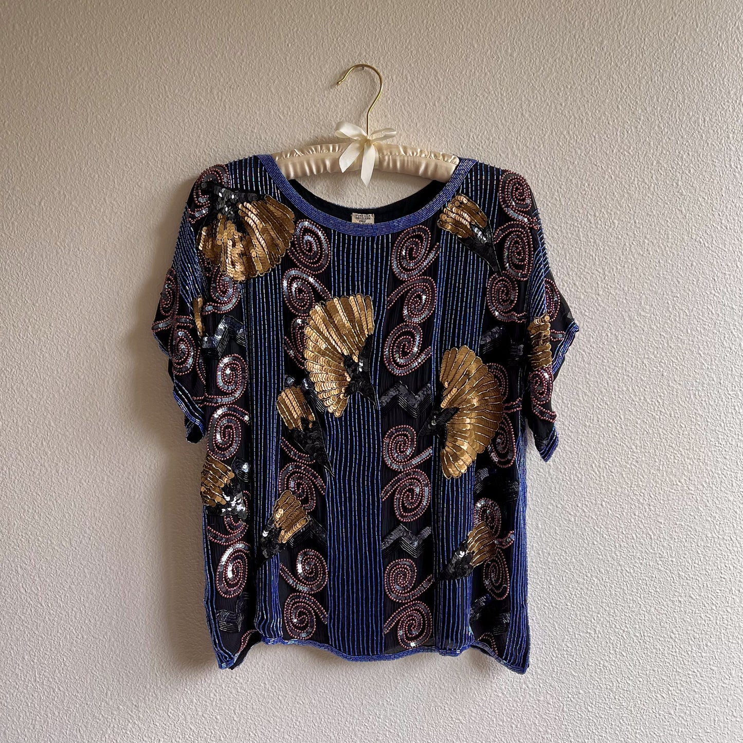 1980s Blue Beaded Blouse With Gold Sequins (M/L)