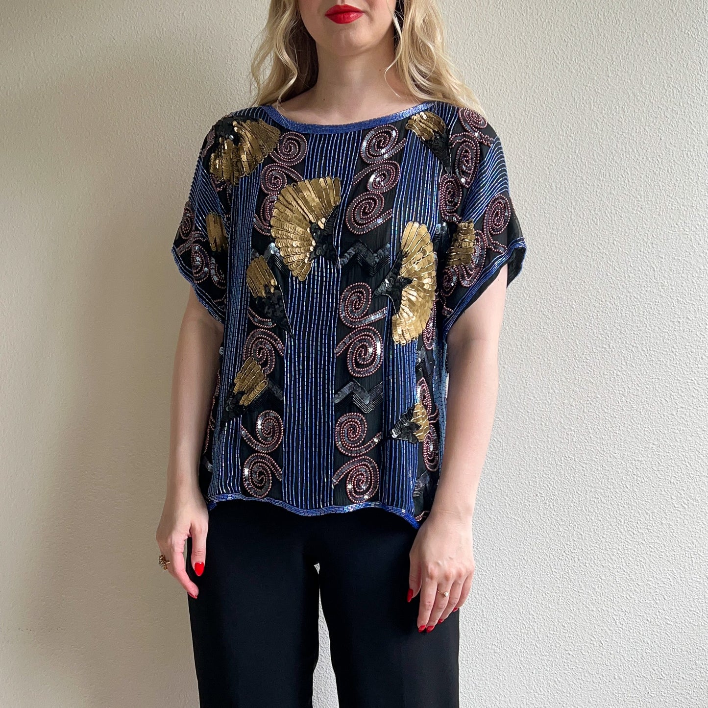 1980s Blue Beaded Blouse With Gold Sequins (M/L)