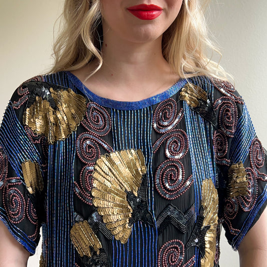 1980s Blue Beaded Blouse With Gold Sequins (M/L)
