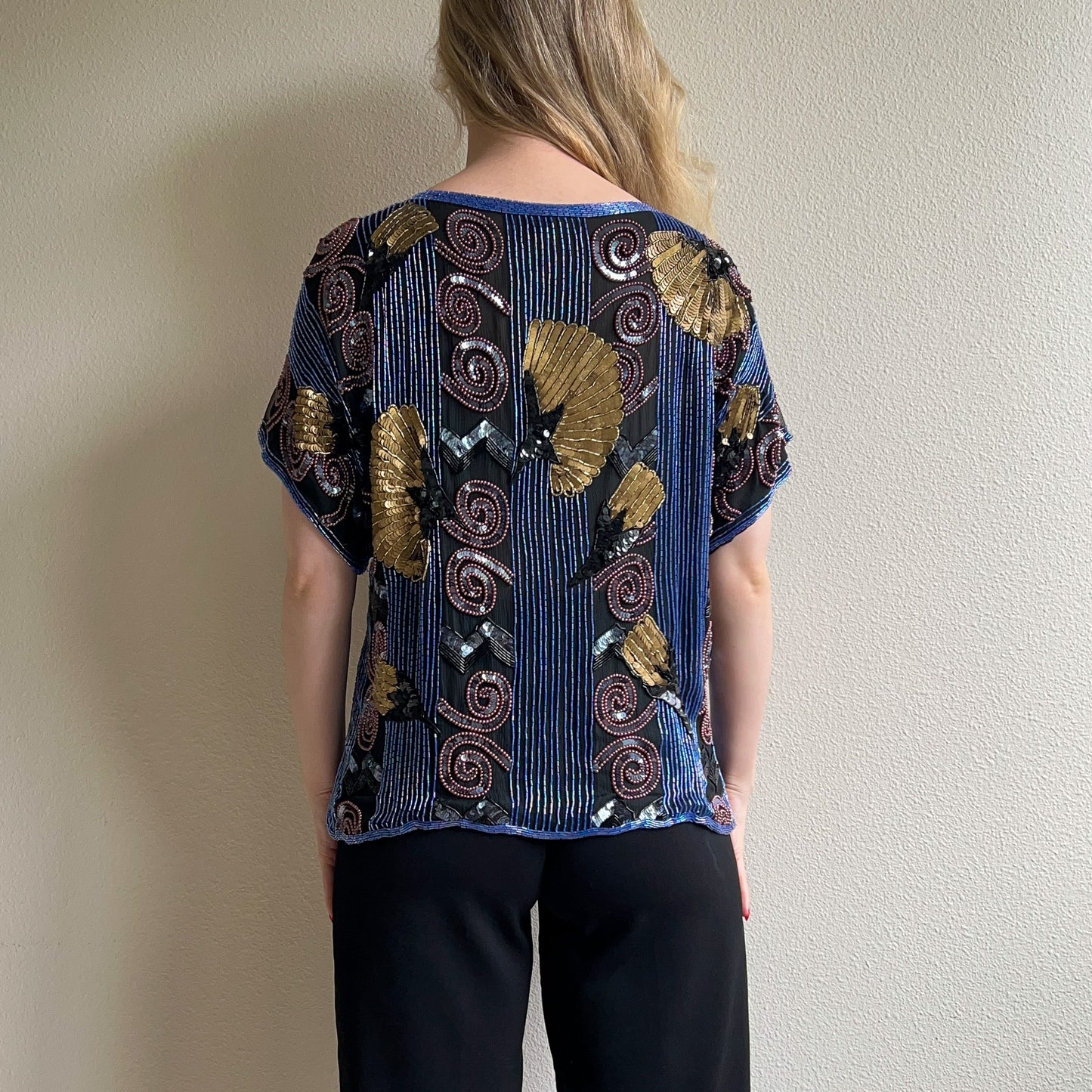 1980s Blue Beaded Blouse With Gold Sequins (M/L)