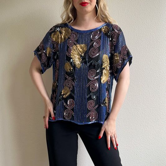 1980s Blue Beaded Blouse With Gold Sequins (M/L)