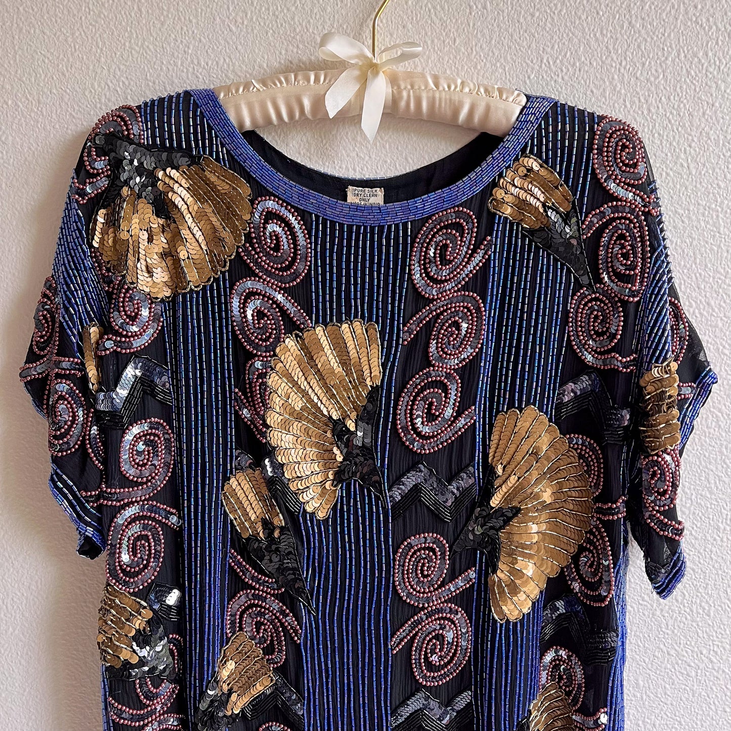 1980s Blue Beaded Blouse With Gold Sequins (M/L)
