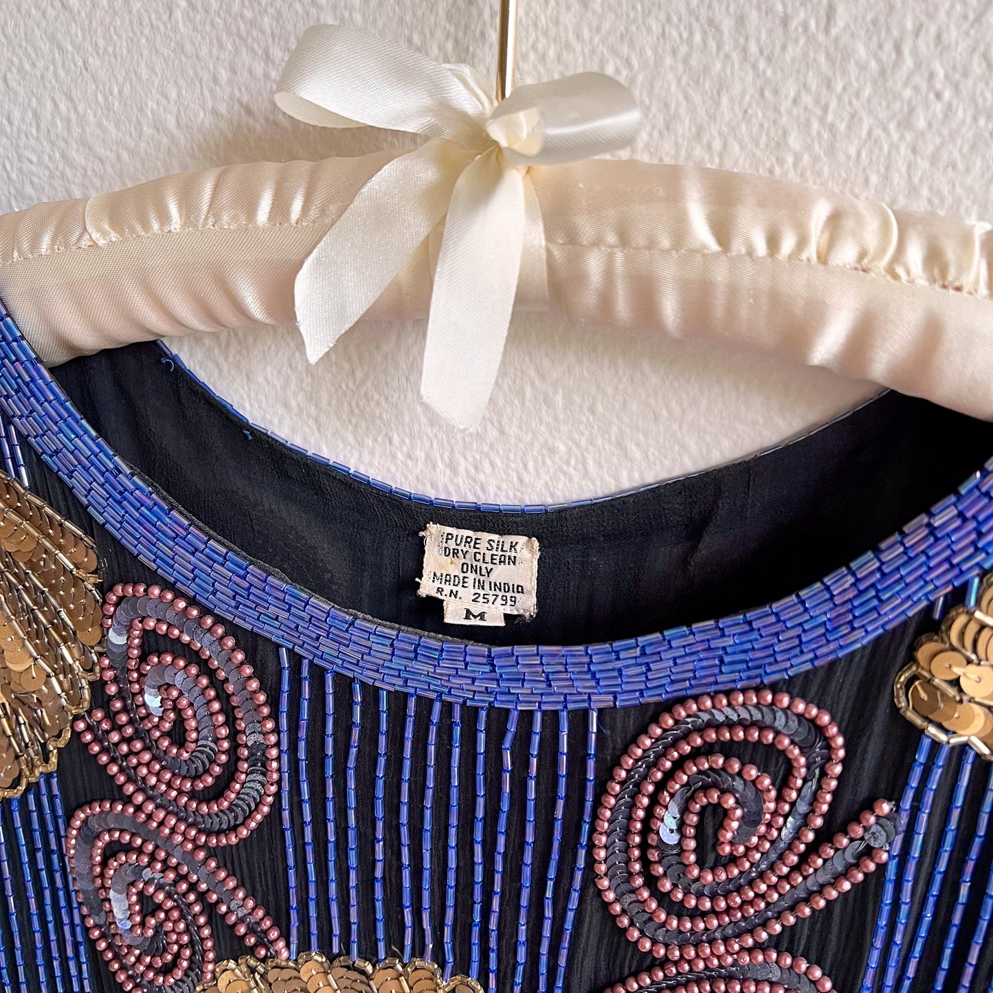 1980s Blue Beaded Blouse With Gold Sequins (M/L)