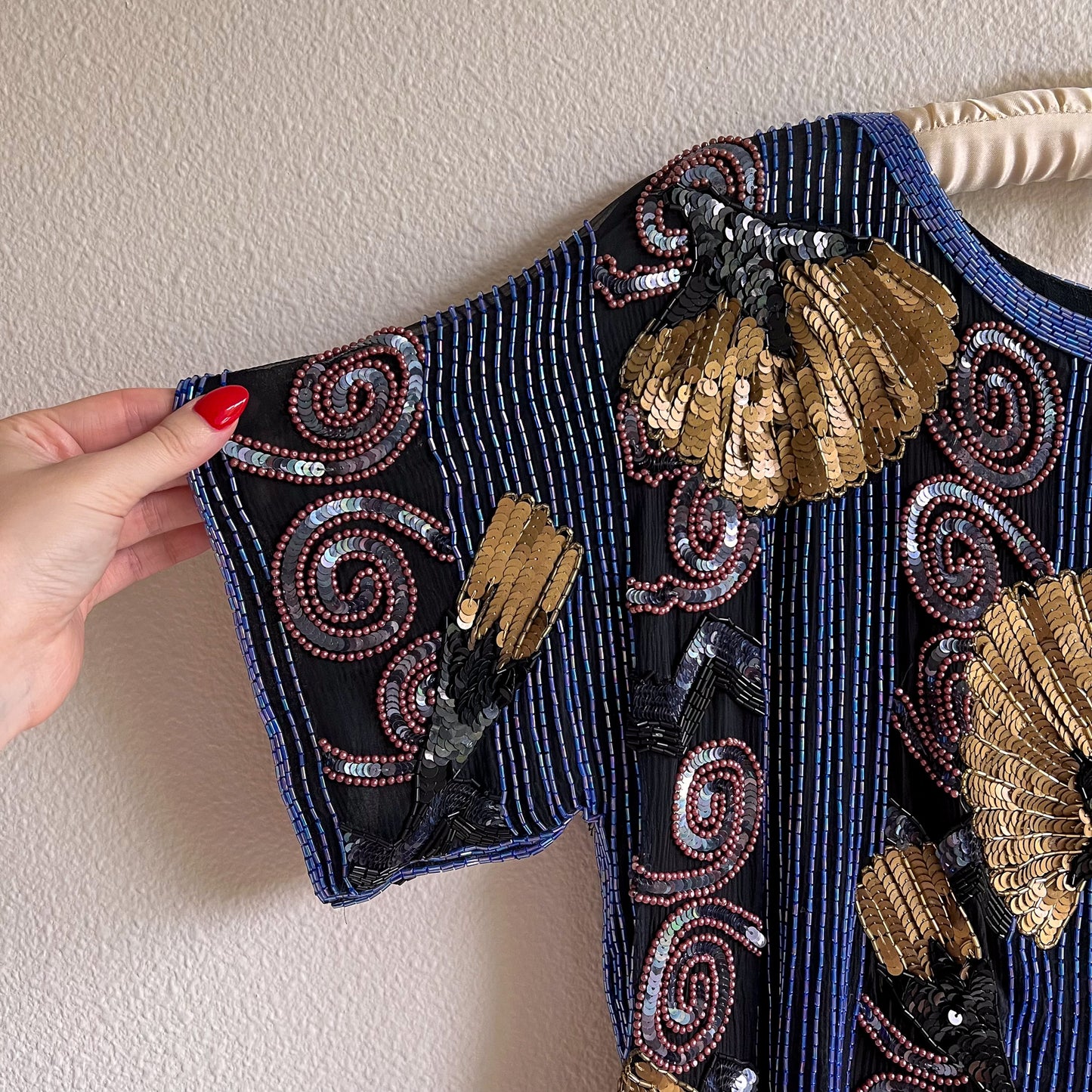 1980s Blue Beaded Blouse With Gold Sequins (M/L)