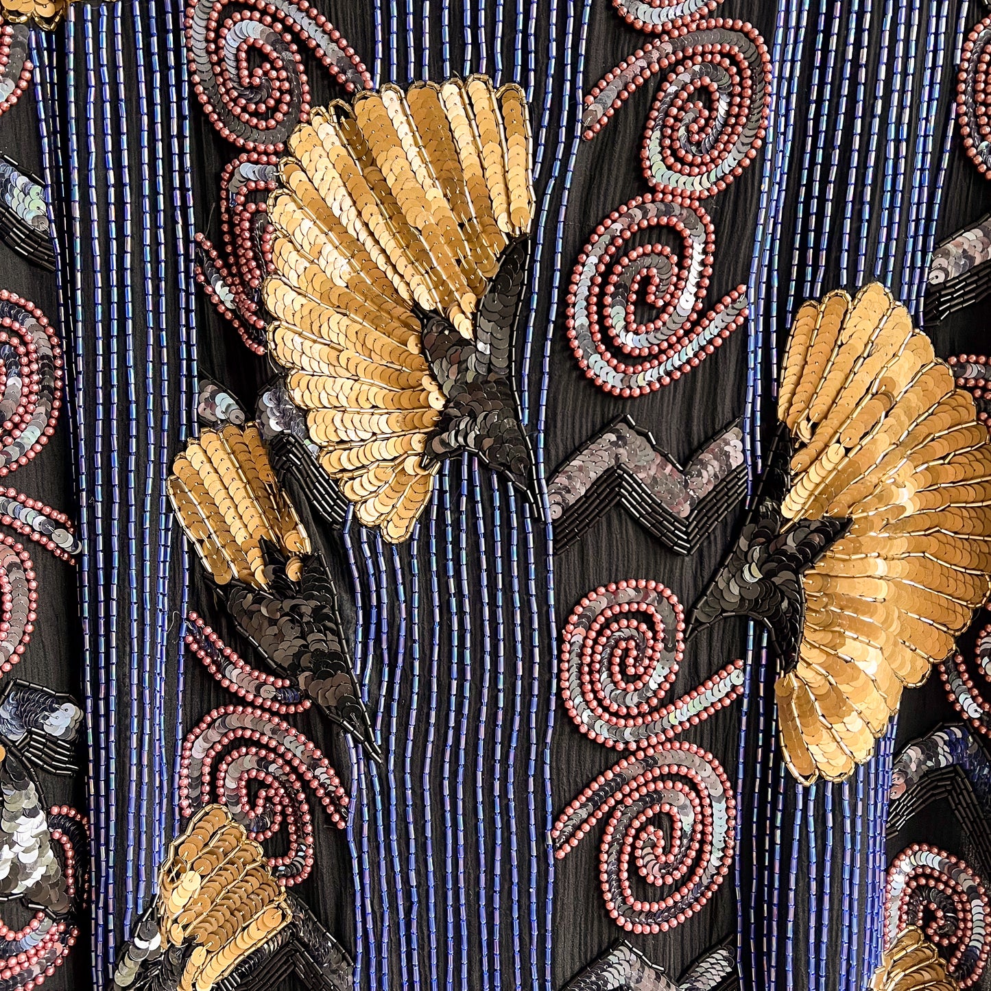 1980s Blue Beaded Blouse With Gold Sequins (M/L)