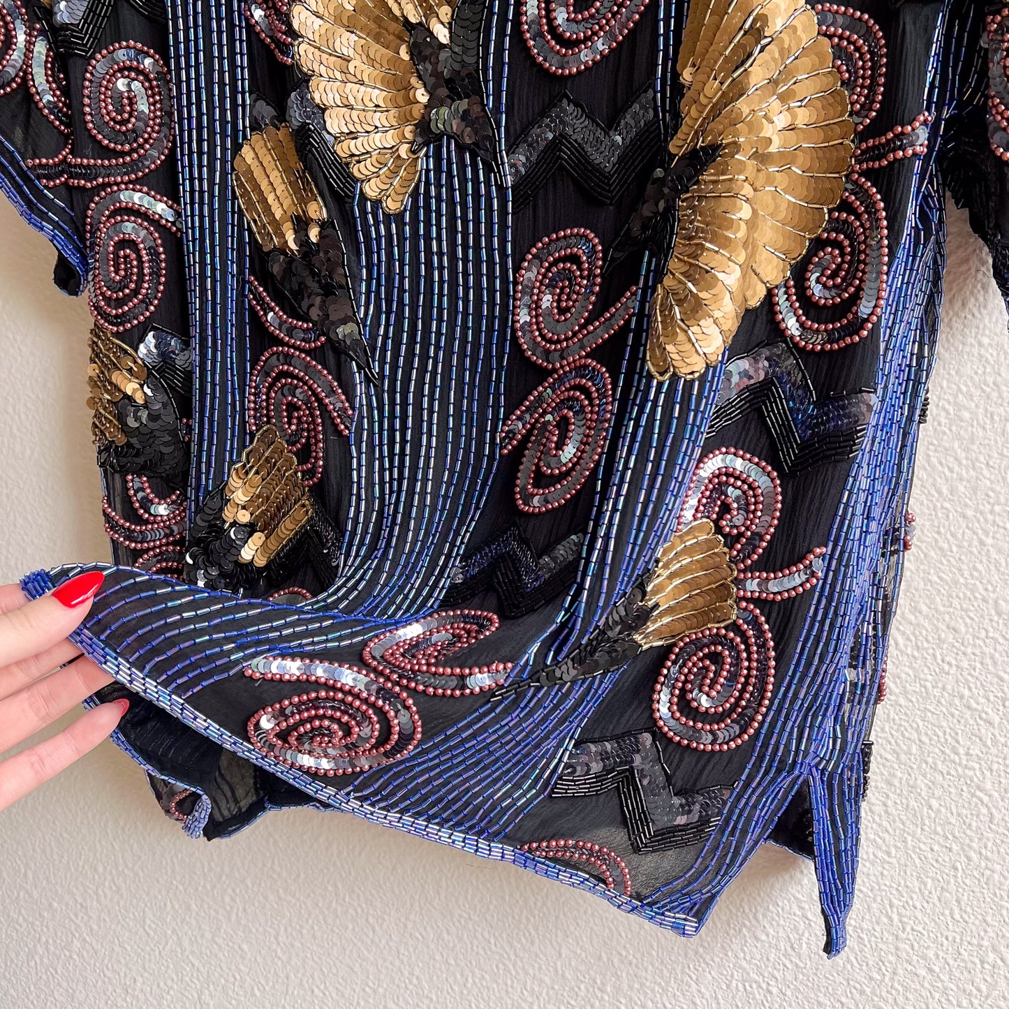 1980s Blue Beaded Blouse With Gold Sequins (M/L)