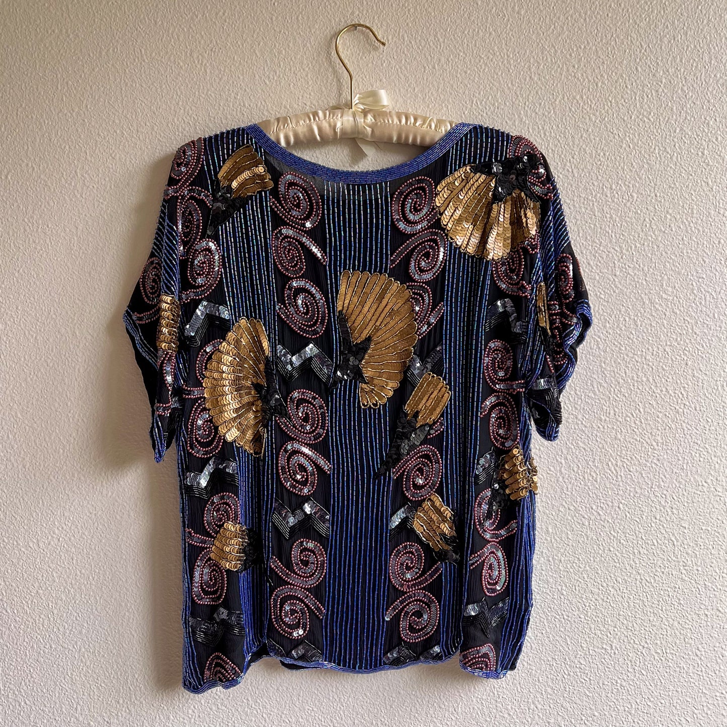 1980s Blue Beaded Blouse With Gold Sequins (M/L)