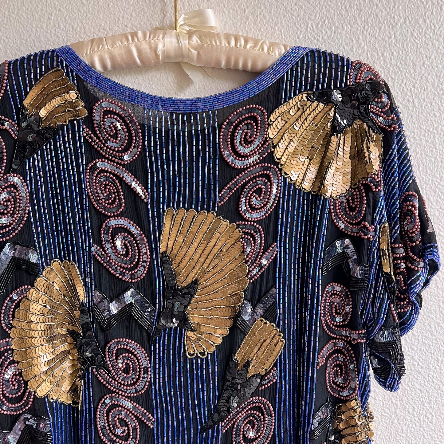 1980s Blue Beaded Blouse With Gold Sequins (M/L)