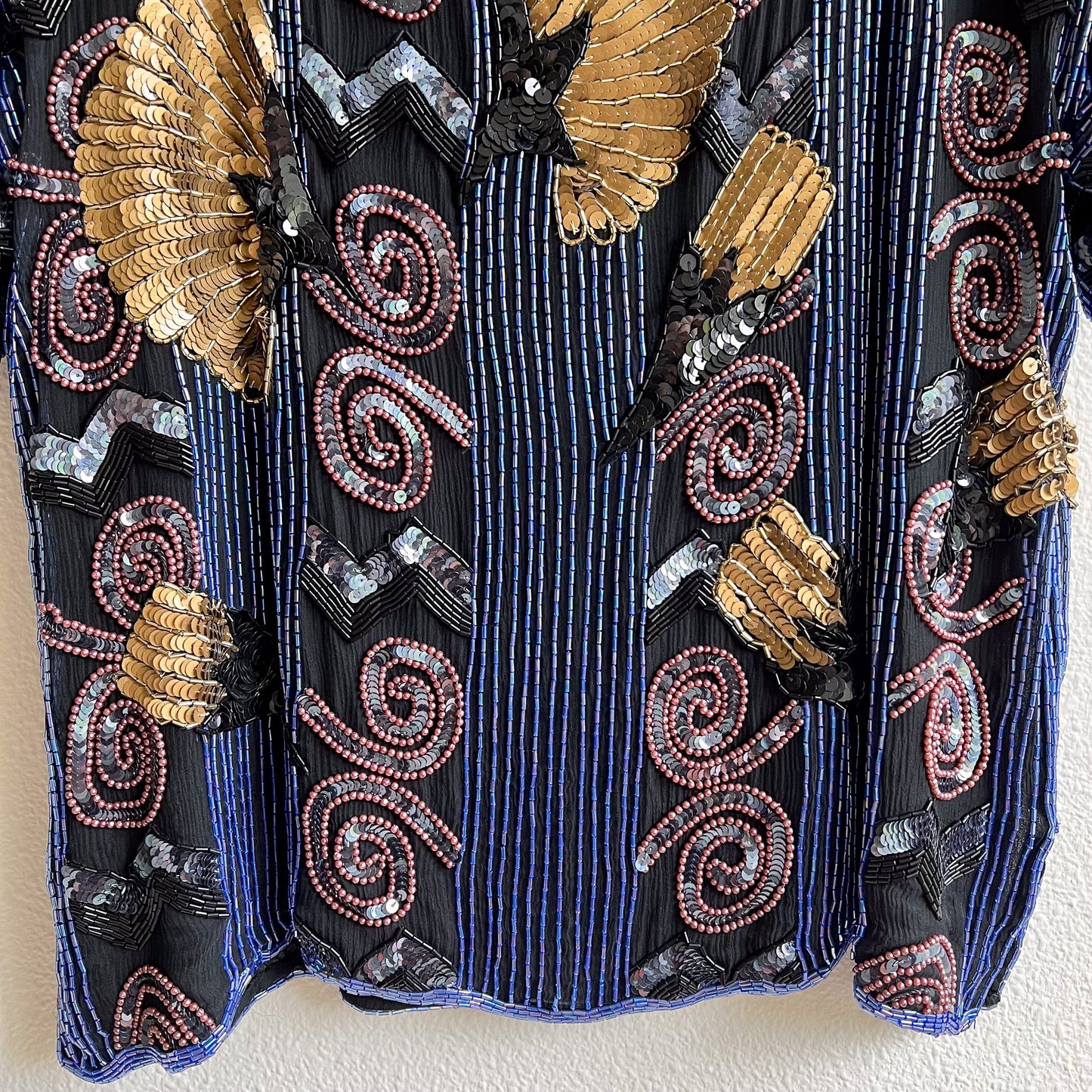 1980s Blue Beaded Blouse With Gold Sequins (M/L)