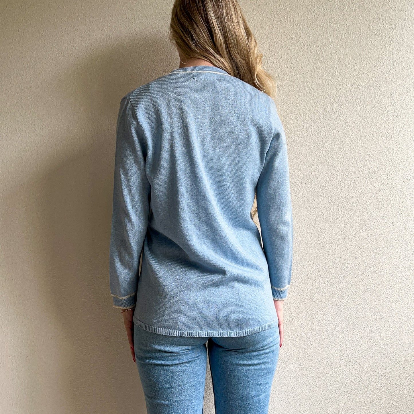 1980s Pale Blue Cardigan With White Trim (S/M)