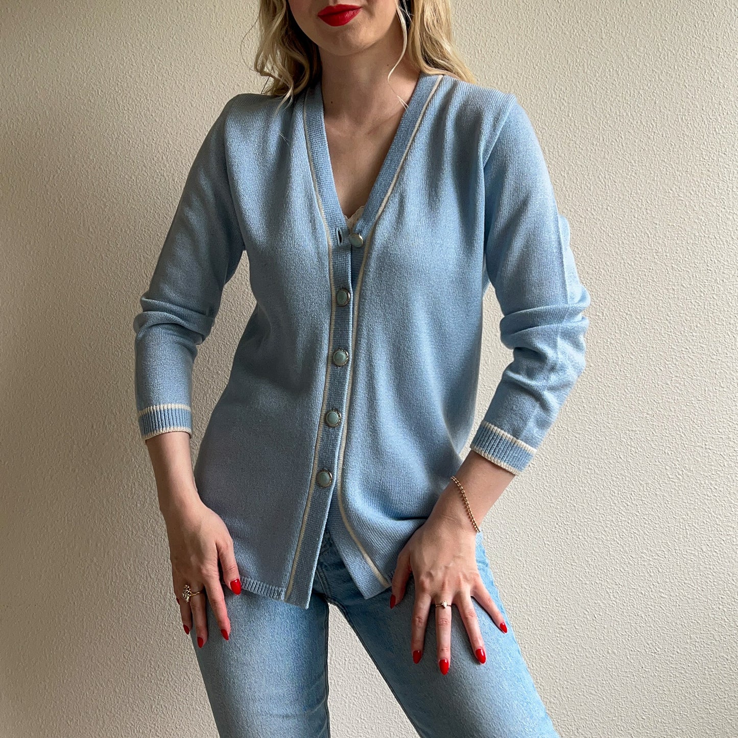 1980s Pale Blue Cardigan With White Trim (S/M)