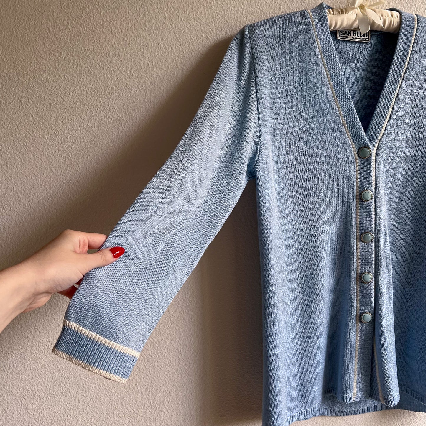 1980s Pale Blue Cardigan With White Trim (S/M)