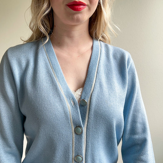 1980s Pale Blue Cardigan With White Trim (S/M)