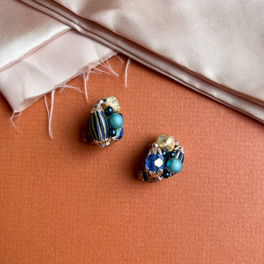 1980s Blue and Gold Cluster Earrings