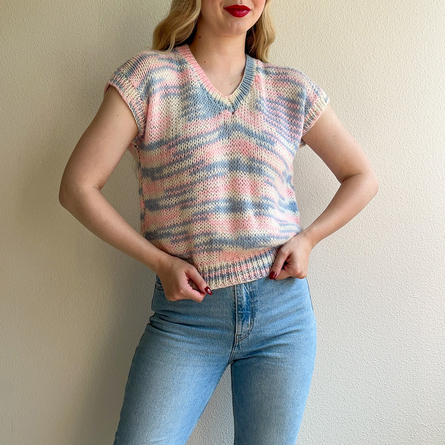 1980s Baby Pink and Blue Short Sleeve Sweater (M/L)