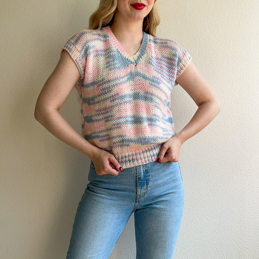 1980s Baby Pink and Blue Short Sleeve Sweater (M/L)