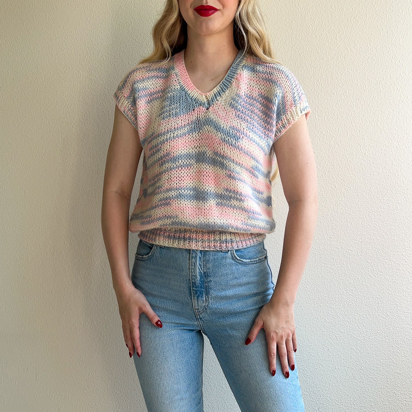 1980s Baby Pink and Blue Short Sleeve Sweater (M/L)