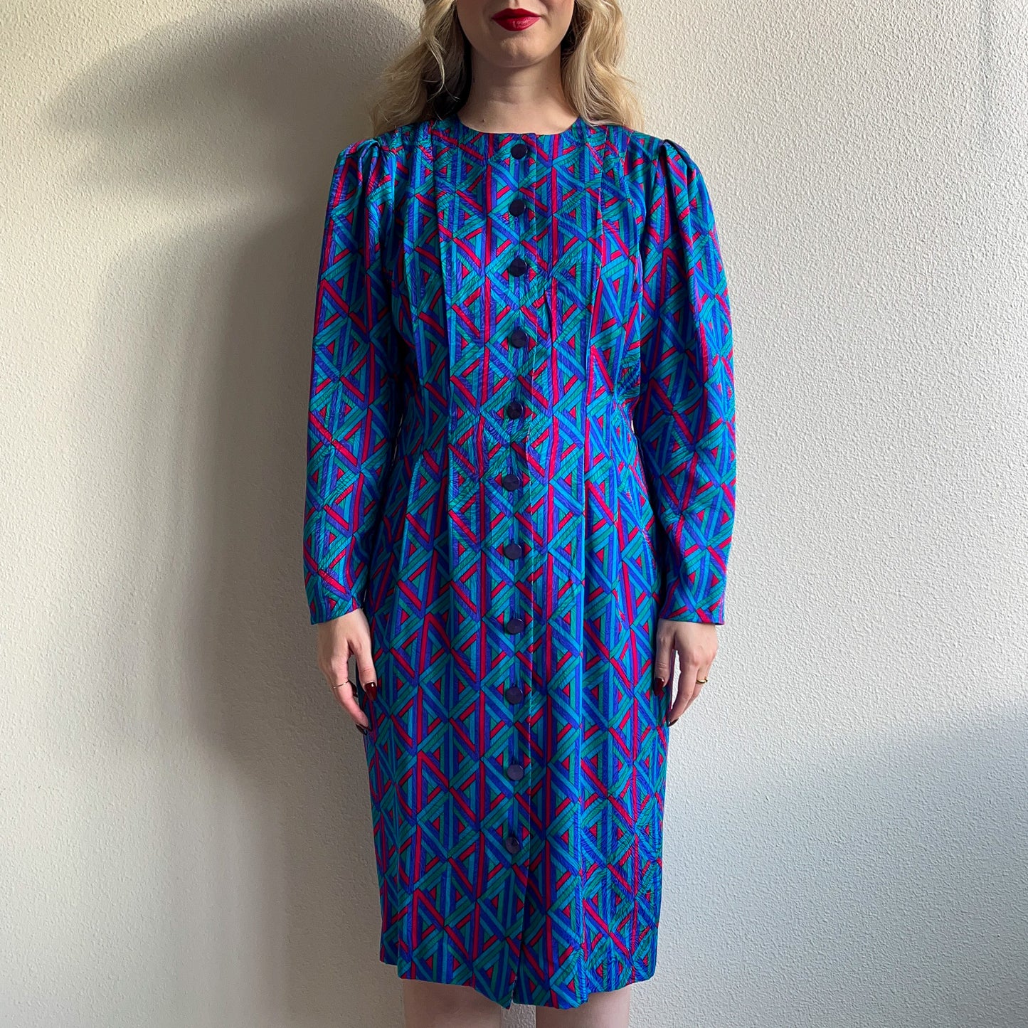 1980s Blue and Purple Pattern Silk Buttoned Dress (M/L)