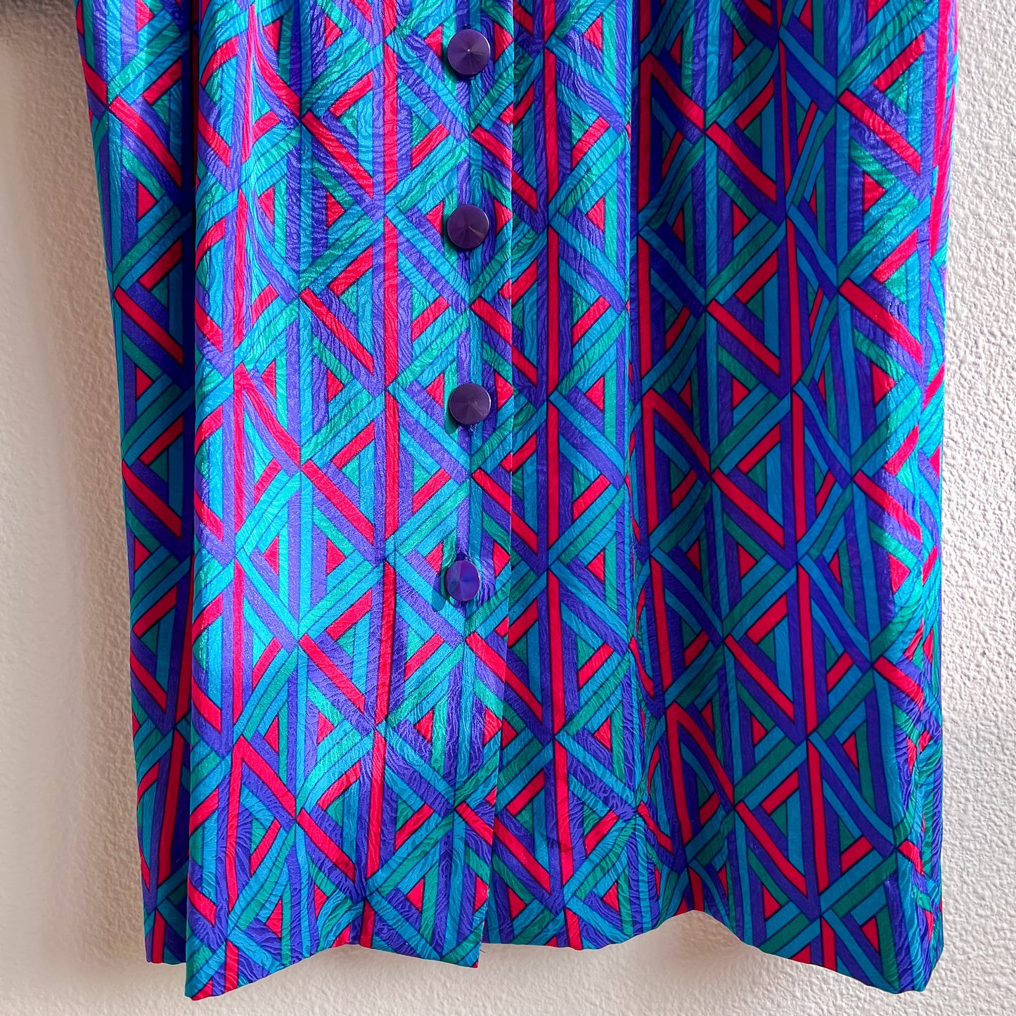 1980s Blue and Purple Pattern Silk Buttoned Dress (M/L)