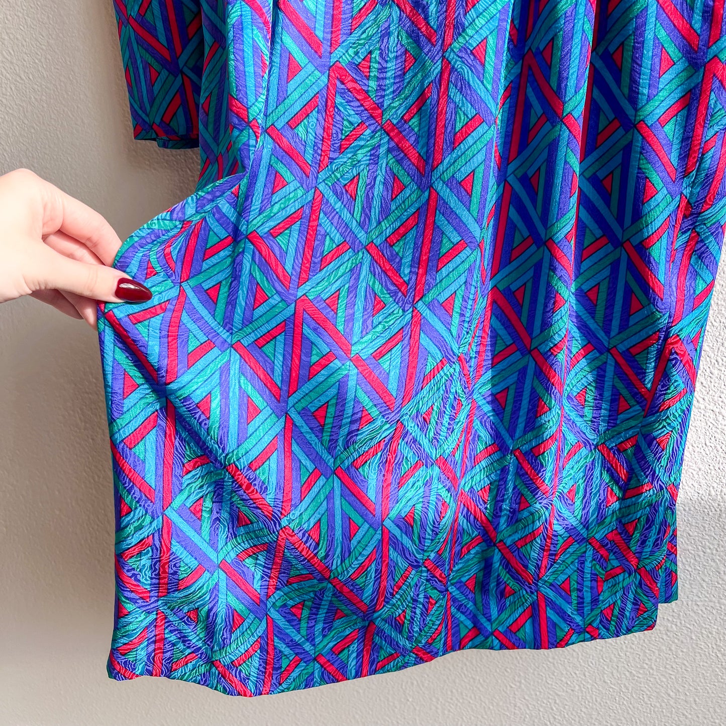 1980s Blue and Purple Pattern Silk Buttoned Dress (M/L)