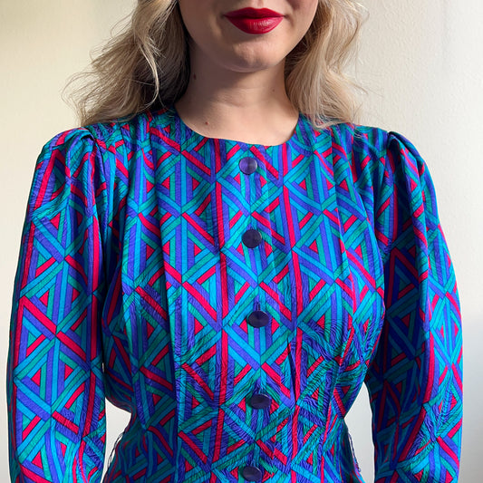 1980s Blue and Purple Pattern Silk Buttoned Dress (M/L)