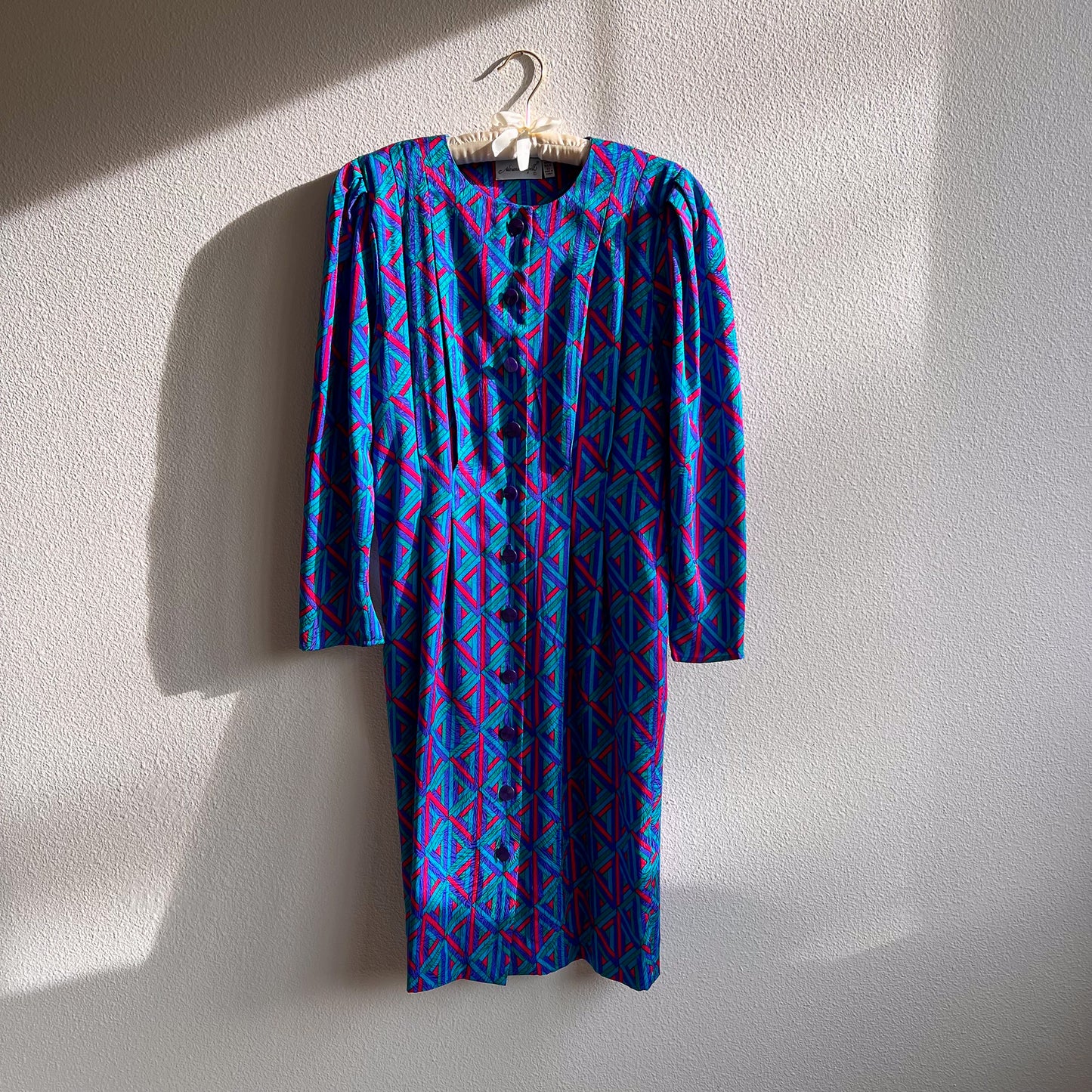 1980s Blue and Purple Pattern Silk Buttoned Dress (M/L)