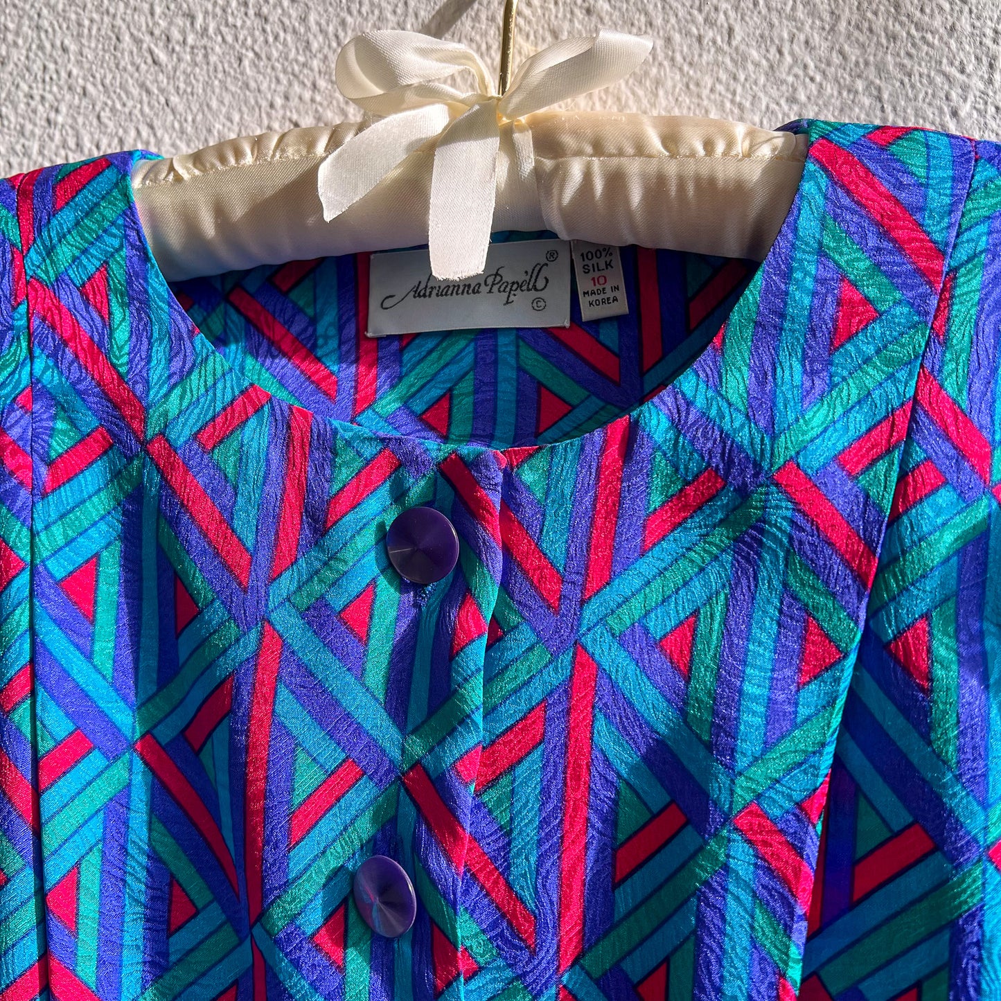 1980s Blue and Purple Pattern Silk Buttoned Dress (M/L)